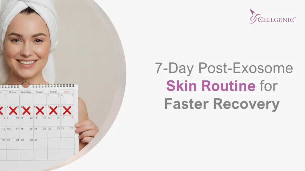 Close-up of a woman's face with glowing skin, representing the results of following the Cellgenic 7-day post-exosome skin routine for faster recovery