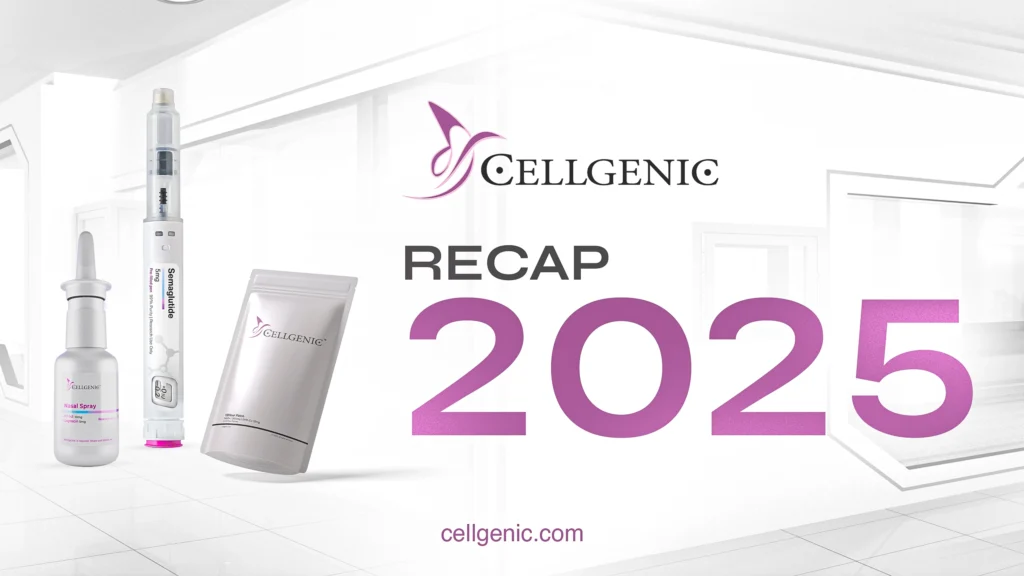 Cellgenic products including nasal spray and injector pen displayed with RECAP 2025 text in a medical lab setting