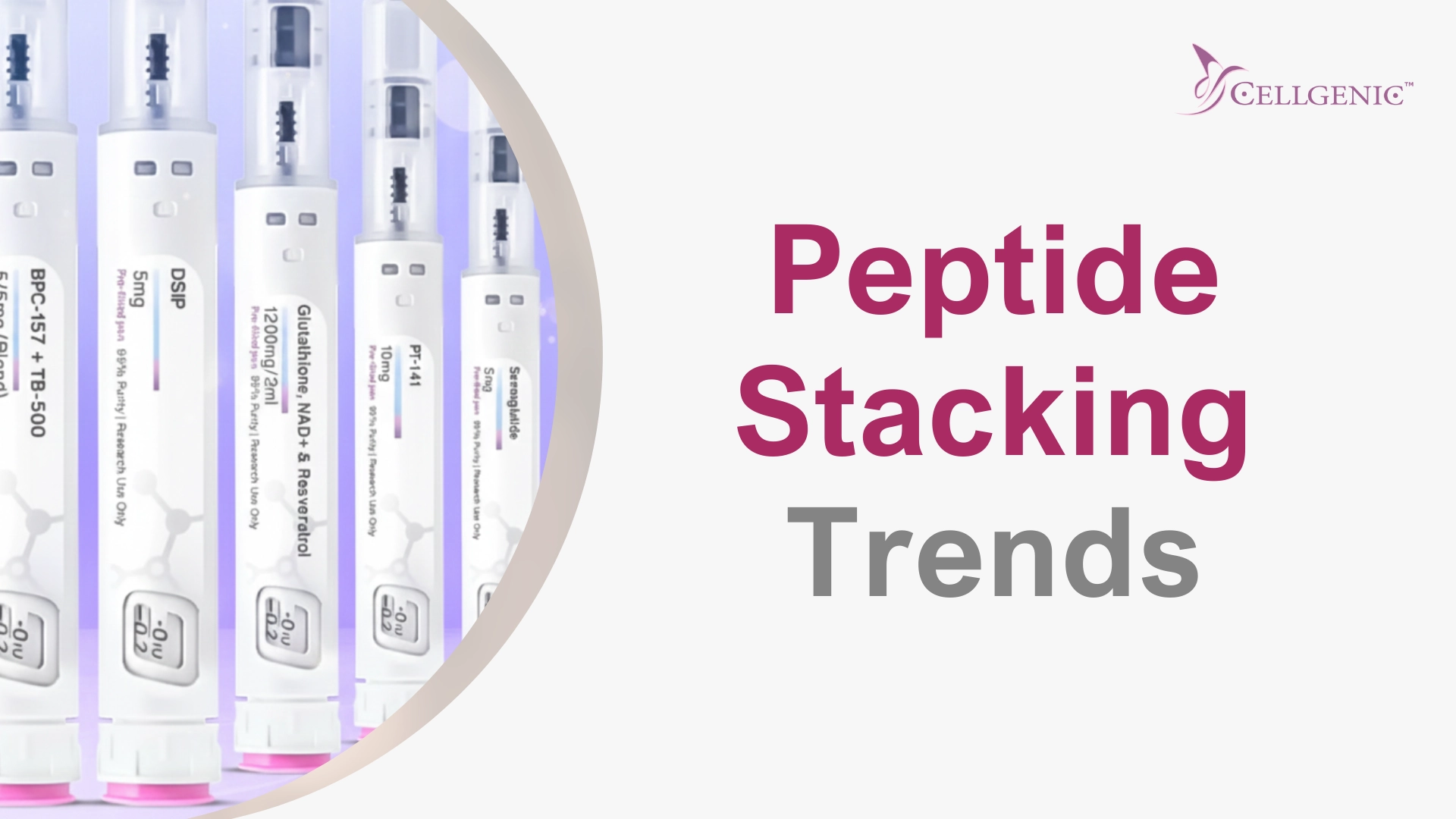 White pen-style peptide injector devices displayed for peptide stacking trends with Cellgenic logo