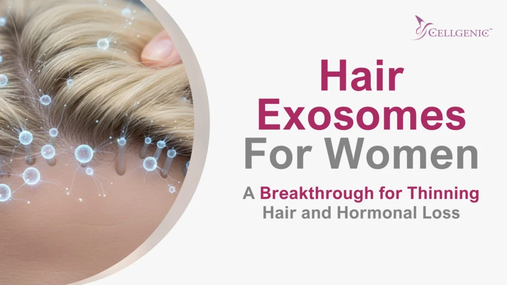 Microscopic illustration of hair exosomes stimulating hair follicles for female pattern hair loss