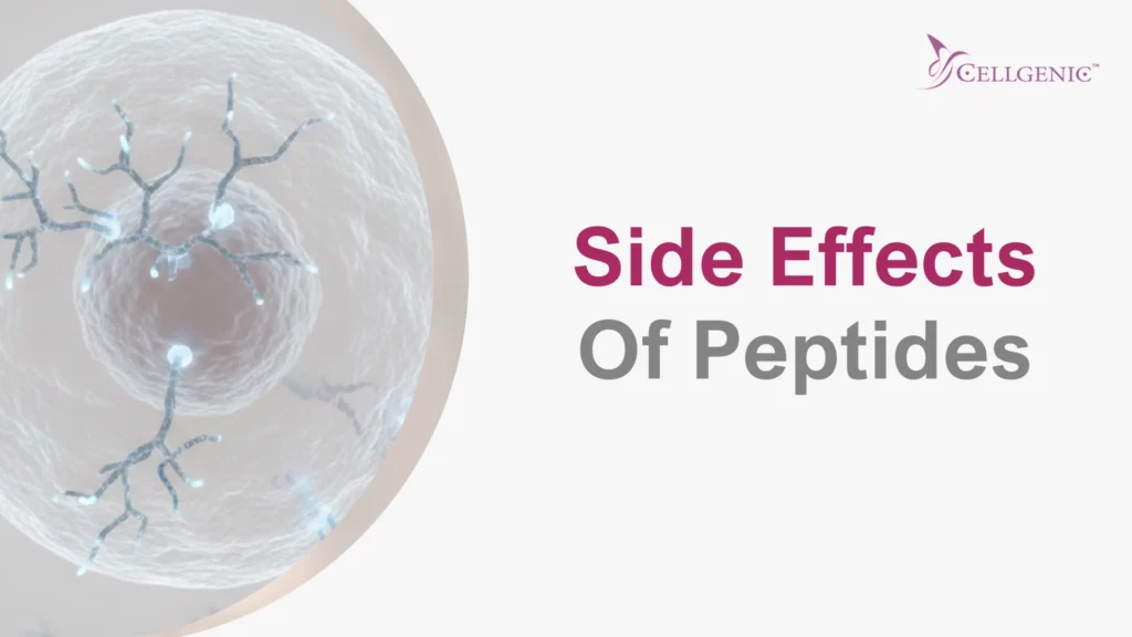 Microscopic cellular illustration showing biological processes next to text Side Effects Of Peptides by Cellgenic